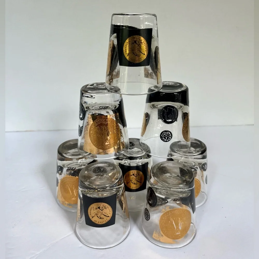8 VTG Shot Glasses MCM Cera Glass Coins Gold Black Barware Mid-century Modern